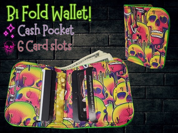 Neon Melting Skulls Bifold Wallet, Vaporwave Billfold with Card Slots, Compact Goth Wallet of Holding Made with Long-Lasting Faux-Leather