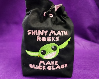 Shiny Math Rocks Make Click Clack Embroidered Cotton Dice Goblin Cinch Bag, Can Hold Over 25 Sets of Dice With Optional Divider Pockets