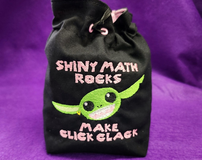 Shiny Math Rocks Make Click Clack Embroidered Cotton Dice Goblin Cinch Bag, Can Hold Over 25 Sets of Dice With Optional Divider Pockets