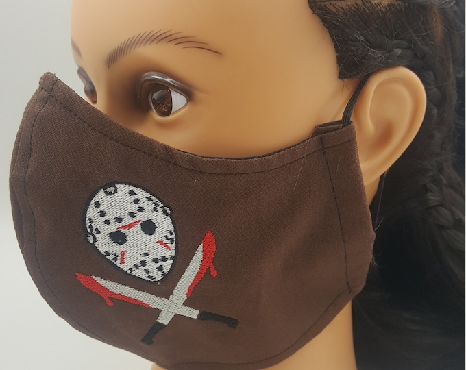 Killer Hockey Halloween Embroidered Comfortable Breathable Face Mask adult, washable, reversible, elastic, head ties, filter pocket