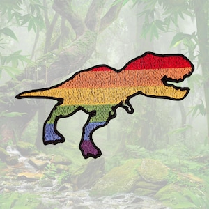 Rainbow Dinosaur | LGBTQ+ Pride Iron-On Dino Silhouette | Gay T-rex Embroidered Patch