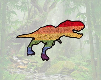 Rainbow Dinosaur | LGBTQ+ Pride Iron-On Dino Silhouette | Gay T-rex Embroidered Patch