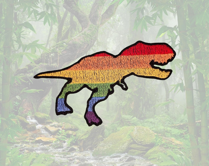 Rainbow Dinosaur | LGBTQ+ Pride Iron-On Dino Silhouette | Gay T-rex Embroidered Patch
