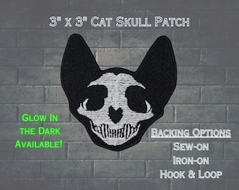 Gothic Cat Skull Fully Embroidered Patch, Creepy Witch Emblem, Skeleton Kitten Badge, Undead Kitty Icon, Perfect Gift for Goth Cat Lover