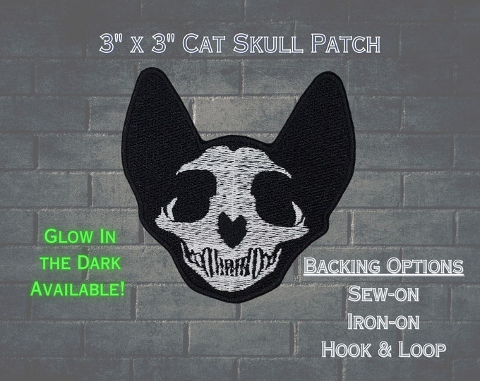 Gothic Cat Skull Fully Embroidered Patch, Creepy Witch Emblem, Skeleton Kitten Badge, Undead Kitty Icon, Perfect Gift for Goth Cat Lover