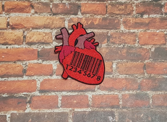 Barcode Heart Patch, Genetic Company Badge, Gothic Opera Label, Cult Hit Musical Halloween Patch, Cyberpunk Organ Patch