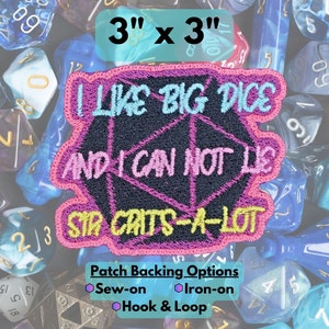 I Like Big Dice TTRPG Patch, Fully Embroidered D20 Emblem, DnD Badge, Dungeons and Dragons Patch, Hip Hop Inspired Dice Patch
