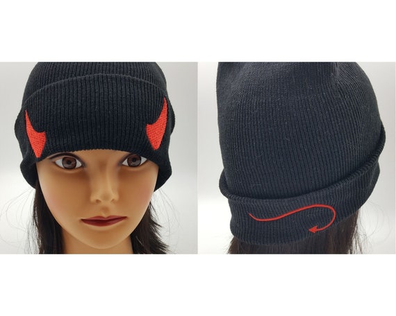 Devilish Beanie, Witchy Fashion, Demon Horns and Tail Hat, Little Devil Knitted Cap, Warm and Comfortable Skull Cap, Perfect Gift for Goth