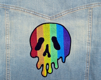 Rainbow Melting Skull Patch, LGBTQIA+ Fully Embroidered patch