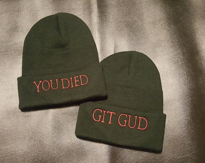 Dark Fantasy You Died/Git Gud Beanie, Hollow Fashion, Soulsborne Hat, Knitted Cap, Warm and Comfortable Skull Cap, Perfect Gift for Gamer
