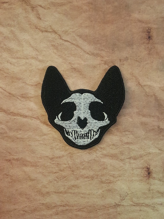 Gothic Cat Skull Fully Embroidered Patch, Creepy Witch Emblem, Skeleton Kitten Badge, Undead Kitty Icon, Perfect Gift for Goth Cat Lover