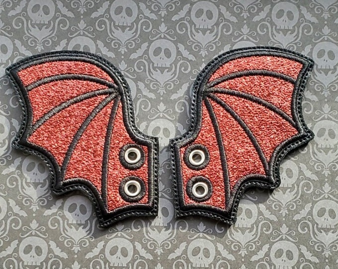 Red Glitter Shoelace Wings 2.0 , Kawaii Spooky Shoe Accessory, Embroidered Vinyl Cute Boot Accent, Sneaker Wizard Wings, Roller Skate