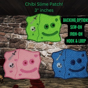 May include: Three embroidered patches of a green, pink, and blue slime character with a smiling face. Each patch is 3 inches wide and has a stitched-on design of a skull and a knife. The patches are displayed against a stone wall background. The text "BACKING_OPTIONS" is displayed in a black rectangle with the text "SEW-ON", "IRON-ON", and "HOOK & LOOP" listed below.