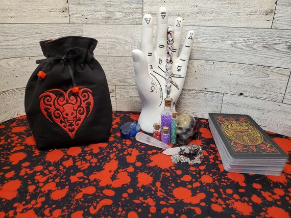 Embroidered Demon Heart Dice Bag, Tarot Deck Purse, Horror Spell Card Sack, Dungeons and Dragons Dice Pouch, Gift for Demon Lover