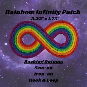 Peut inclure: Patch en forme de symbole d'infini arc-en-ciel, 3,33 pouces par 1,75 pouces. Le patch est fait de tissu brodé avec un motif arc-en-ciel. Le patch peut être cousu, repassé ou fixé avec du velcro.