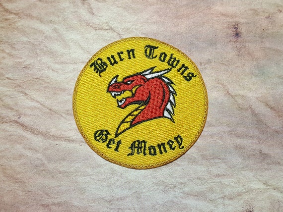 Burn Towns Get Money Patch, Fully Embroidered D20 Emblem, DnD Badge, Dungeons and Dragons Patch, Red Dragon Patch