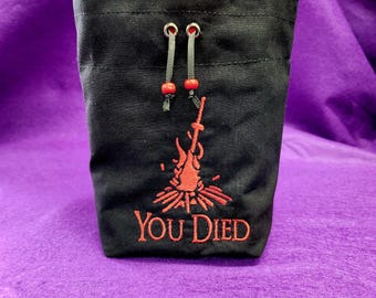 You Died Bonfire Embroidered Cotton Dice Cinch Bag, Dark Fantasy DnD Accessory, Can Hold Over 25 Sets of Dice With Optional Divider Pockets