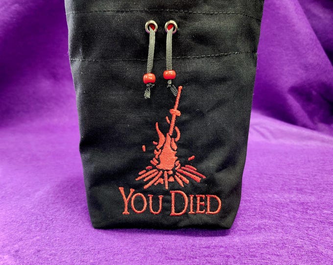 You Died Bonfire Embroidered Cotton Dice Cinch Bag, Dark Fantasy DnD Accessory, Can Hold Over 25 Sets of Dice With Optional Divider Pockets