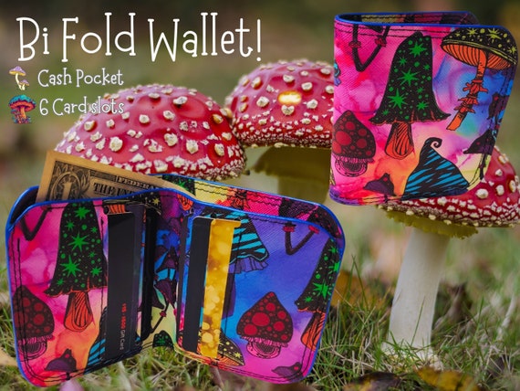 Psychedelic Mushroom Bifold Wallet, Vaporwave Billfold with Card Slots, Compact Cottagecore Wallet of Holding Made with Tough Faux-Leather