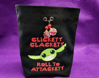 Clickety Clackety Roll to Attackety Embroidered Cotton Dice Goblin Cinch Bag, Can Hold Over 25 Sets of Dice With Optional Divider Pockets