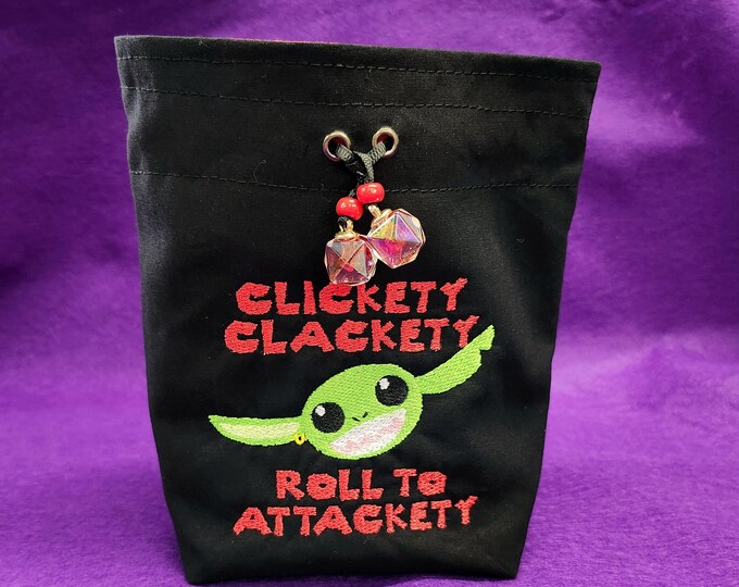 Clickety Clackety Roll to Attackety Embroidered Cotton Dice Goblin Cinch Bag, Can Hold Over 25 Sets of Dice With Optional Divider Pockets