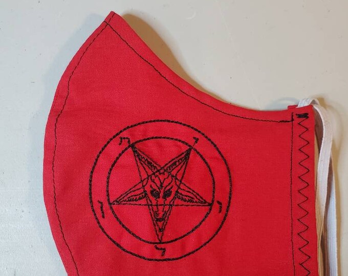 Baphomet Face Mask red satan pentagram, double layer, washable, head ties, elastic, filter pocket
