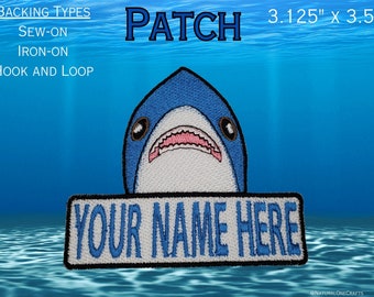 Cute Shark Custom Name Patch,  Stuffed shark themed, Customizable Morale Patch with Sew On, Iron On, and Hook and Loop Backings Available
