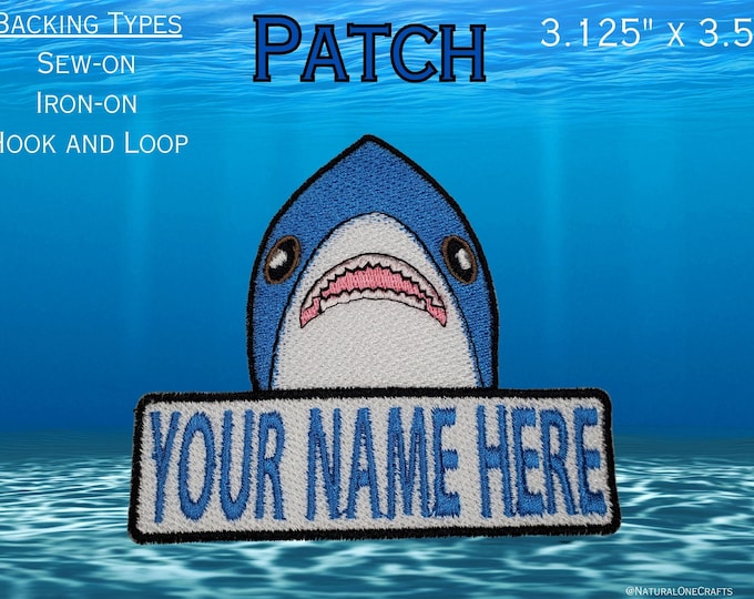Cute Shark Custom Name Patch,  Stuffed shark themed, Customizable Morale Patch with Sew On, Iron On, and Hook and Loop Backings Available