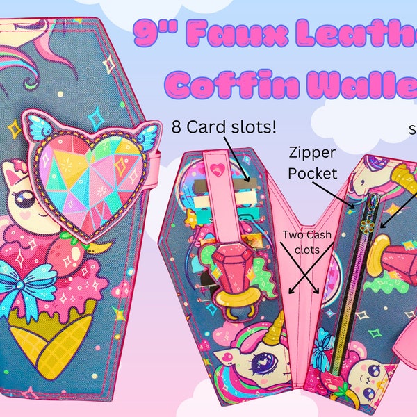 Kawaii Unicorn Kitten Coffin Wallet, Gift for Goth, Raver accessories, Lollipop ring