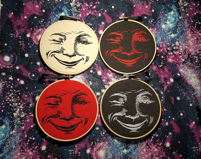 Man in the Moon Embroidered Art with Hoop, Creepy Moon Wall Art, Spooky Vintage Embroidery Hoop Art, Goth Framed Art Gift for Book Lover