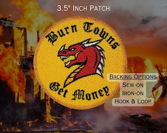 Burn Towns Get Money Patch, Fully Embroidered D20 Emblem, DnD Badge, Dungeons and Dragons Patch, Red Dragon Patch