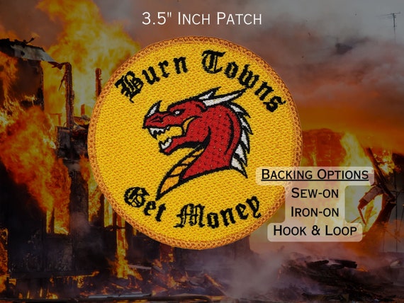 Burn Towns Get Money Patch, Fully Embroidered D20 Emblem, DnD Badge, Dungeons and Dragons Patch, Red Dragon Patch