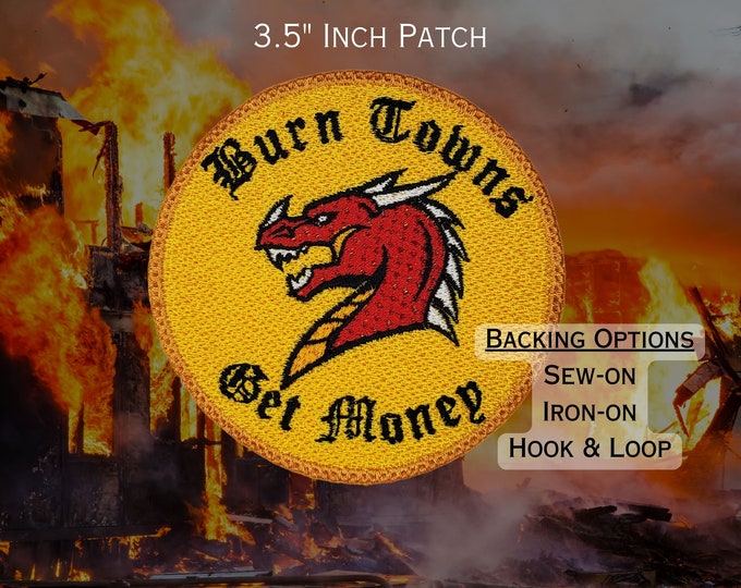 Burn Towns Get Money Patch, Fully Embroidered D20 Emblem, DnD Badge, Dungeons and Dragons Patch, Red Dragon Patch