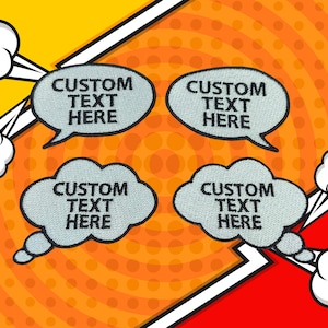 May include: Four gray speech bubble patches with the text "CUSTOM TEXT HERE" on a comic book style background. The background is yellow, orange, and red with white diagonal lines and white puffs of smoke.