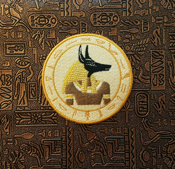 Ancient Egyptian-Inspired Anubis Fully Embroidered Patch, Pyramid Hieroglyph Emblem Vintage Egypt Symbol Perfect for Battle Vests or Jackets