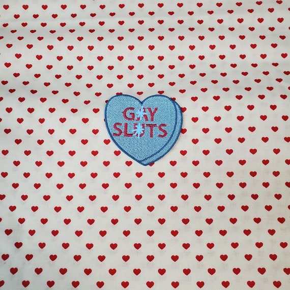G@y Sl*ts Candy Heart Patch, Valentine Emblem, Crude Candy Symbol, Fully Embroidered Heart Morale Patch
