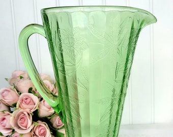 Green Jeanette Depression Glass Floral 10 Inch Pitcher, Green Jeanette Depression Glass Poinsettia Flower Pitcher 48 ounces