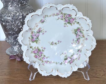 Antique Austria Signed M. Z. Scalloped Edge Plate Bouquets of Pink Flowers // MZ Austria Scalloped Floral Plate // Antique Porcelain Plate