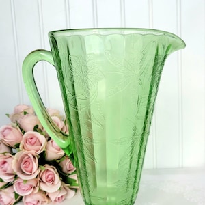 Green Jeanette Depression Glass Floral 10 Inch Pitcher, Green Jeanette Depression Glass Poinsettia Flower Pitcher 48 ounces