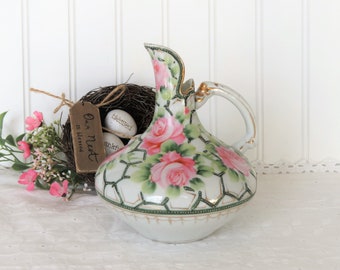 Vintage Porcelain Ewer Hand Painted Roses, Hand Painted Pitcher, Gifts for Her, Shabby Chic Decor, Vase