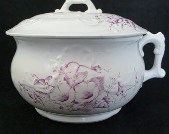 Antique Ironstone Chamber Pot with Lid: Red Morning Glory Transferware