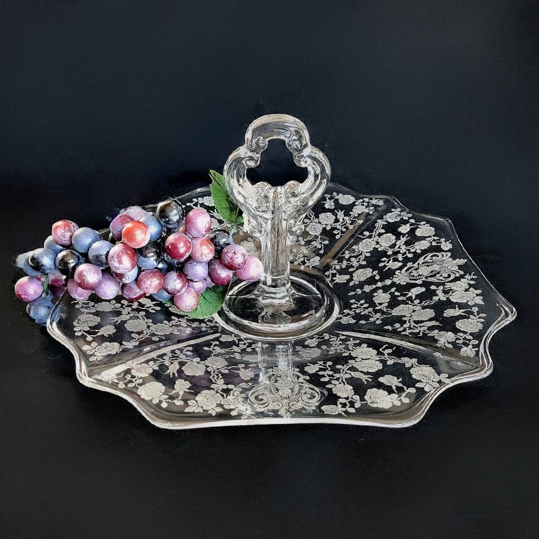 Vintage Handled Serving Tray by Cambridge Etched Rose Point, Depression