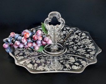 Vintage Cambridge Rose Point Etched Glass Handled Serving Tray