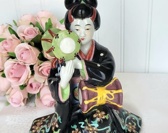 Antique Japanese Meiji Period Kutani Porcelain Geisha Figurine 19th Century Japanese Figure with Drums