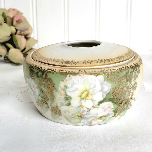 Antique RS Silesia Porcelain Hair Receiver Box with Lid, Vanity Box, Victorian Hair Receiver, Floral German Porcelain Box