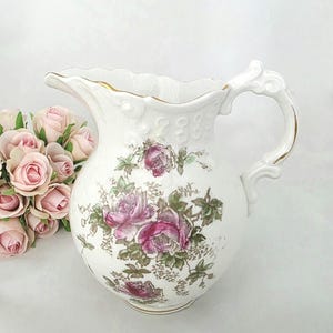 Antique Victorian Rose Floral Decorative Pitcher by Wheeling Pottery  // Shabby Chic Cottage Core Décor // Floral Vase with Handle