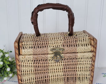 Vintage 1950s Wicker Purse Box Purse Hong Kong Mid Century Fashion Purse Rattan Purse Womens Purse