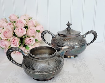 Antique Silver Plate Cream and Sugar Set: Victorian Flower Pattern, Monogrammed