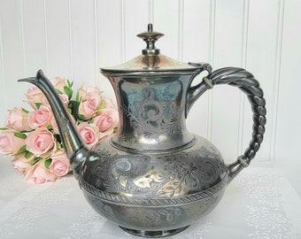 Etched Silver Plate Coffee Pot: Antique Victorian French Farmhouse Decor