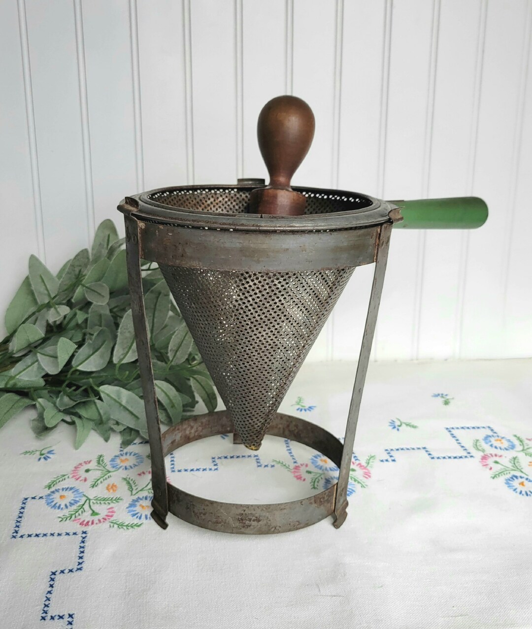 Antique Green Handled Metal Cone Food Mill Ricer Sieve With Wooden Pestle Masher, Antique